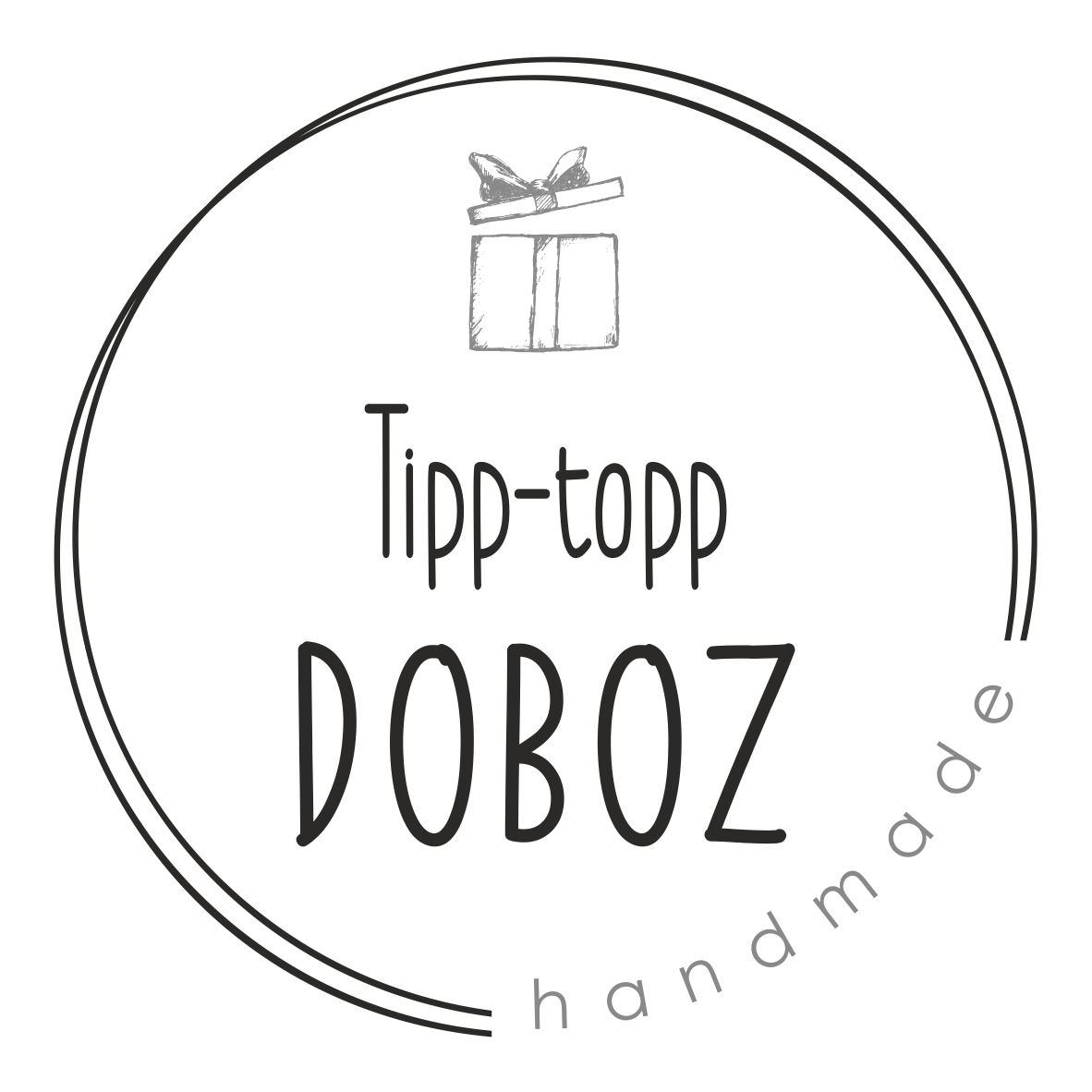 Szürke kör alakú logó, „tipp-topp DOBÓZ” felirattal, ajándékdoboz és masni ikon felett.